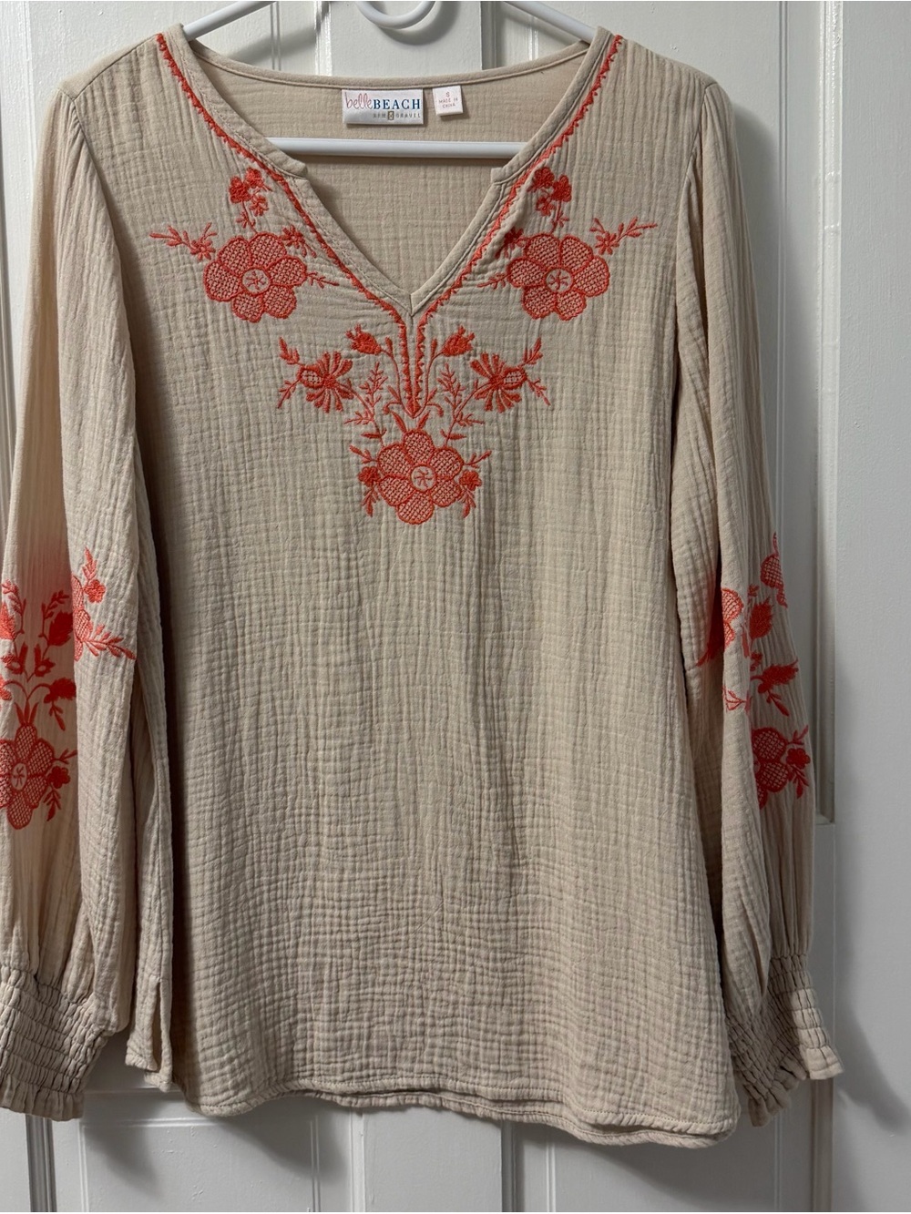 Belle Beach By Kim Gravel Cotton Beige Peasant Blouse with Coral Embroidery, S